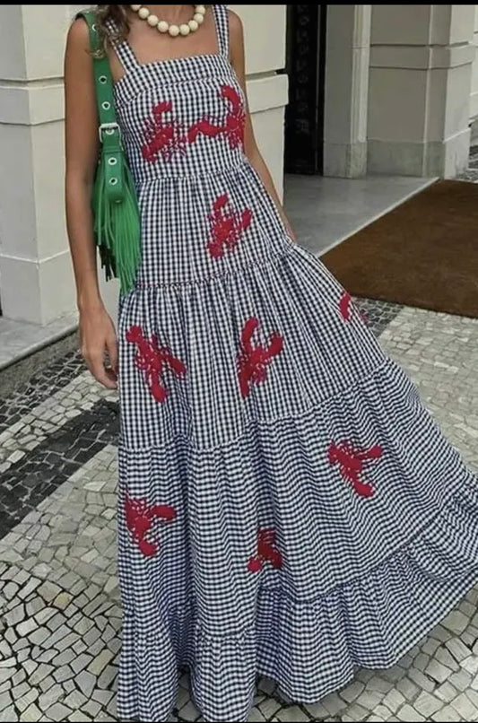 Embroidered Lobster Strap Plaid Gingham Tiered Dress