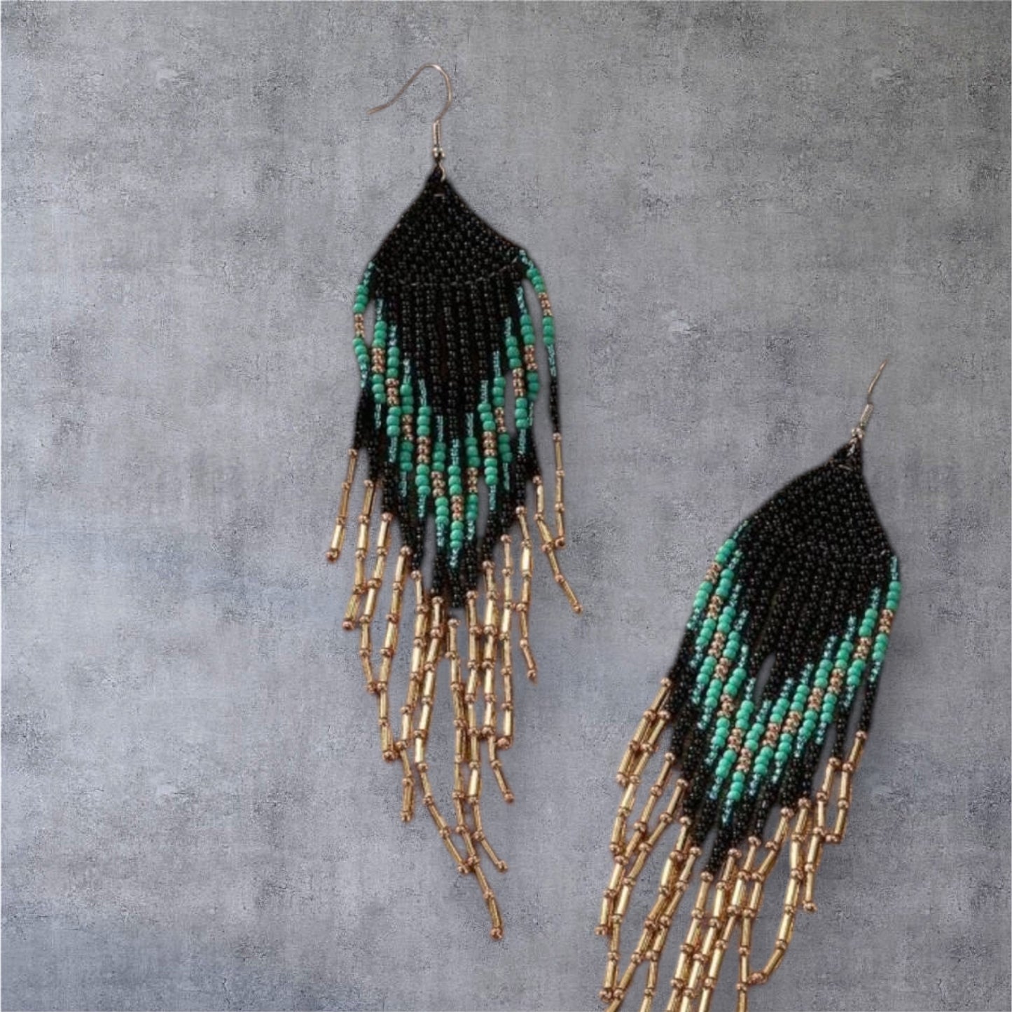 Black, Turquoise and Gold Beaded Fringe Earrings