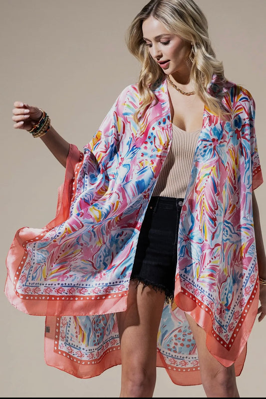 Coral Flowing Silky Feel Kimono with Flower Print