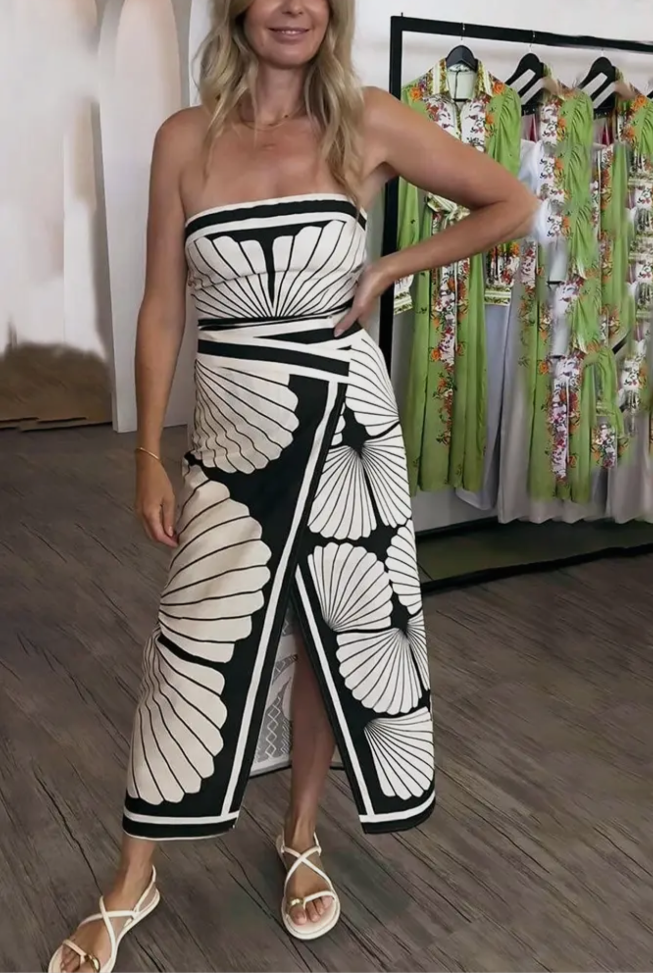 Sexy Shell Print Strapless Backless Slit Dress