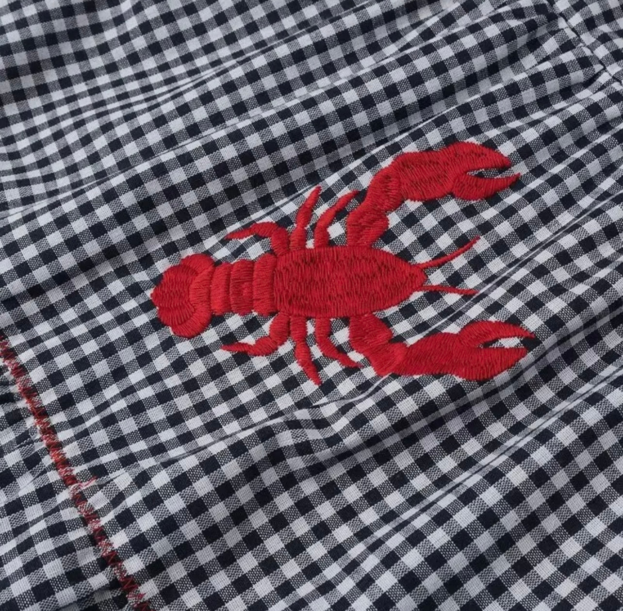 Embroidered Lobster Strap Plaid Gingham Tiered Dress