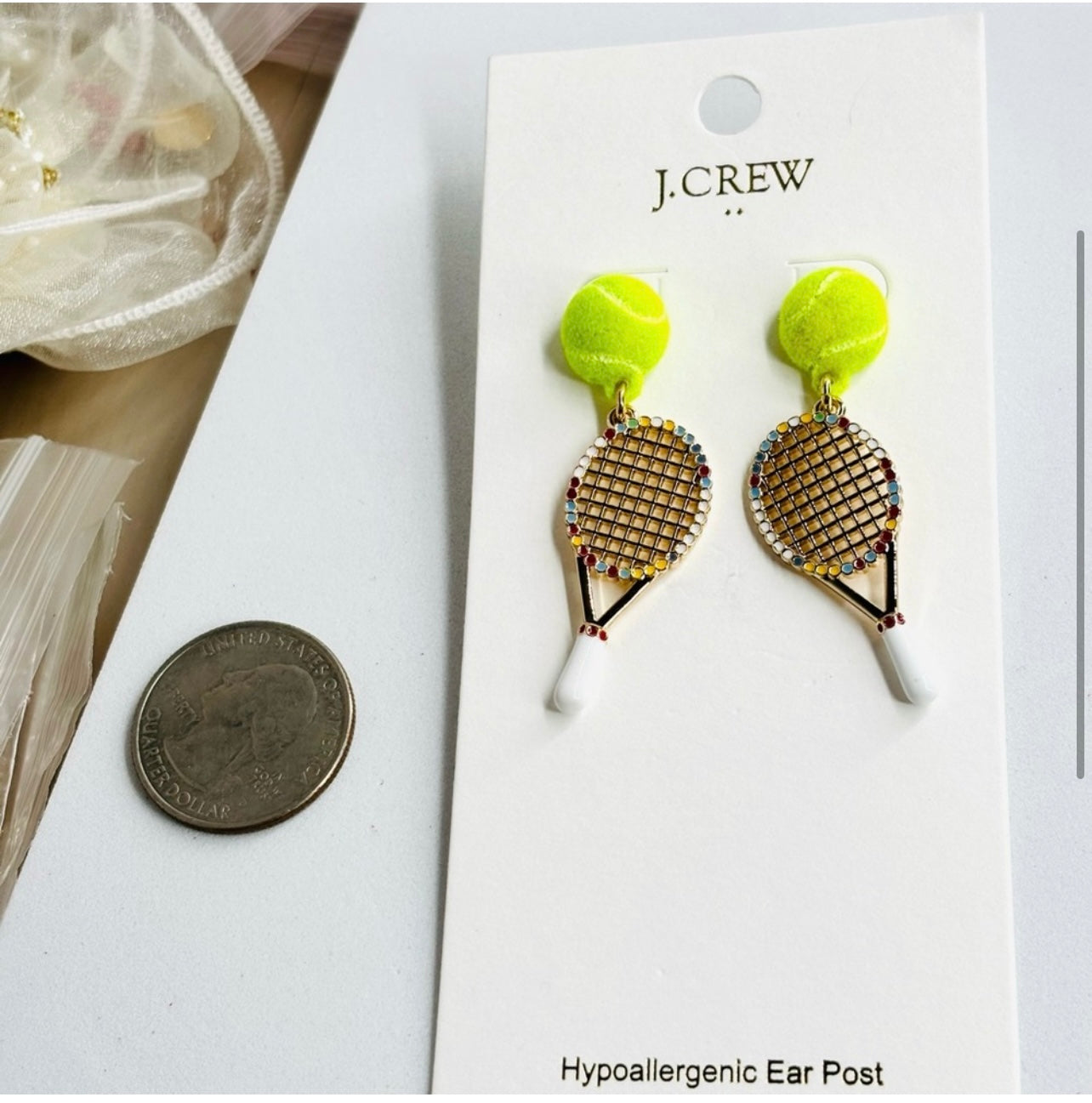 J.Crew Tennis Racket Earrings with Green Tennis ball Accents