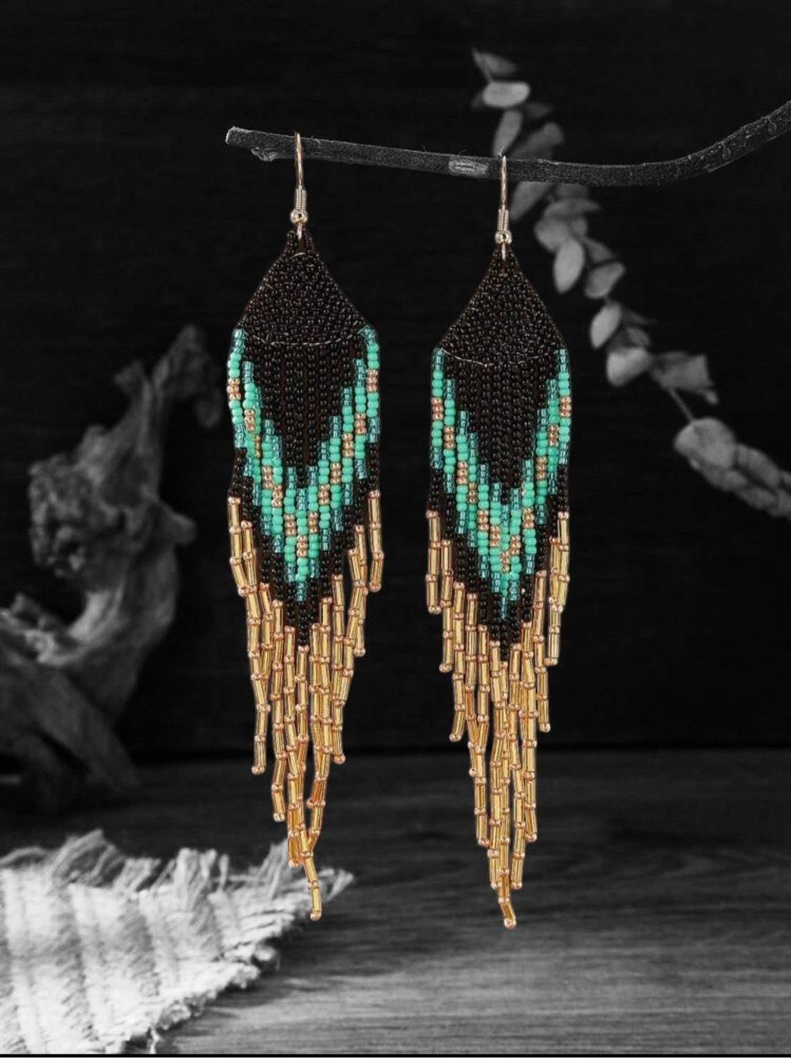 Black, Turquoise and Gold Beaded Fringe Earrings