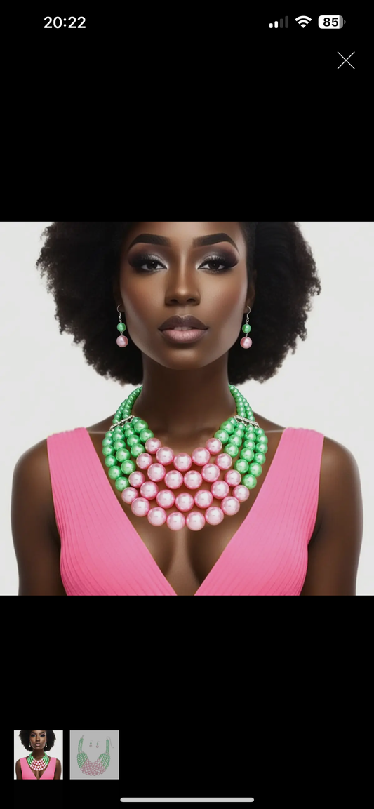 Chunky Pink Green Pearl Bib
Necklace Set