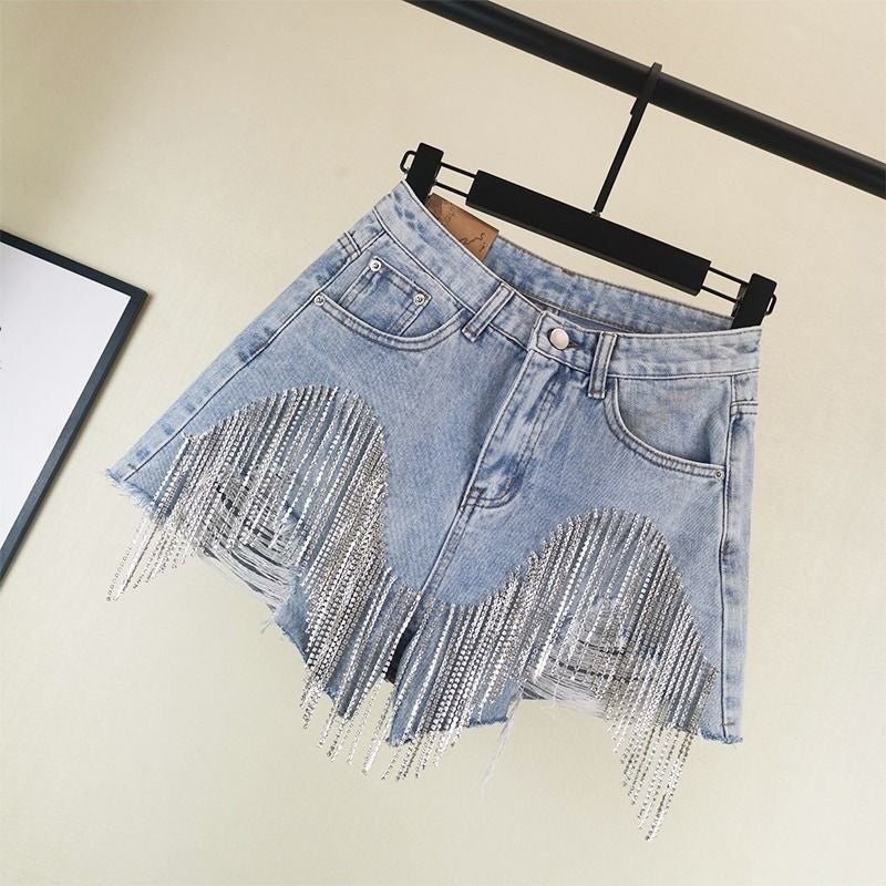 Summer Ripped Waist Diamond Tassel Jeans
