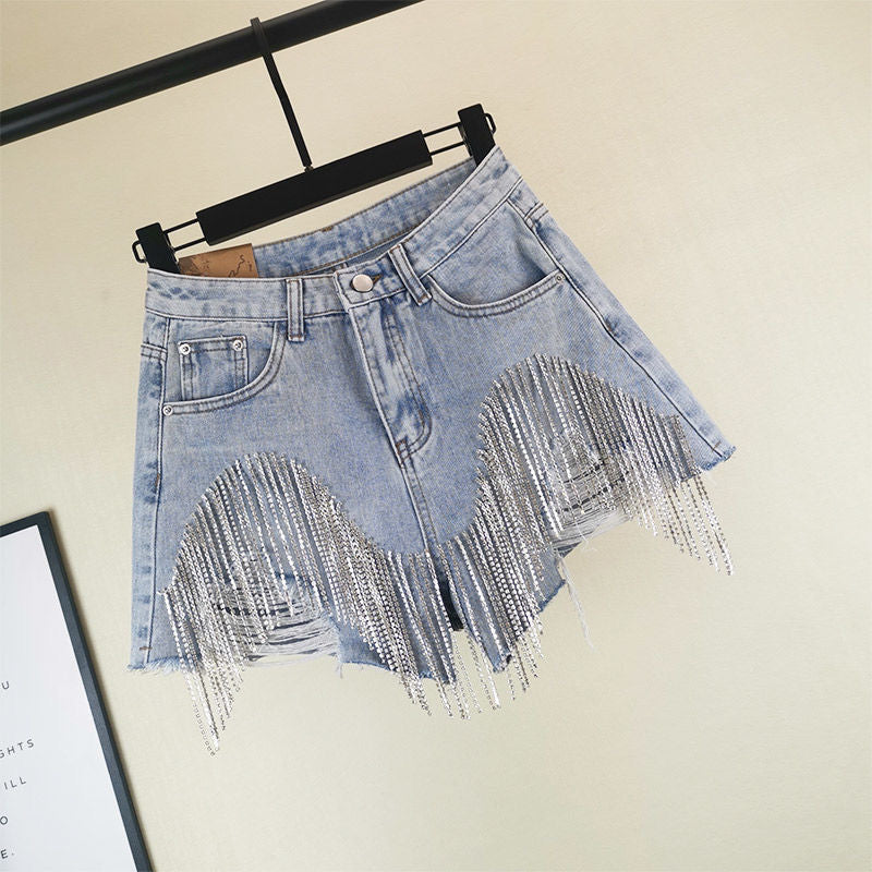 Summer Ripped Waist Diamond Tassel Jeans