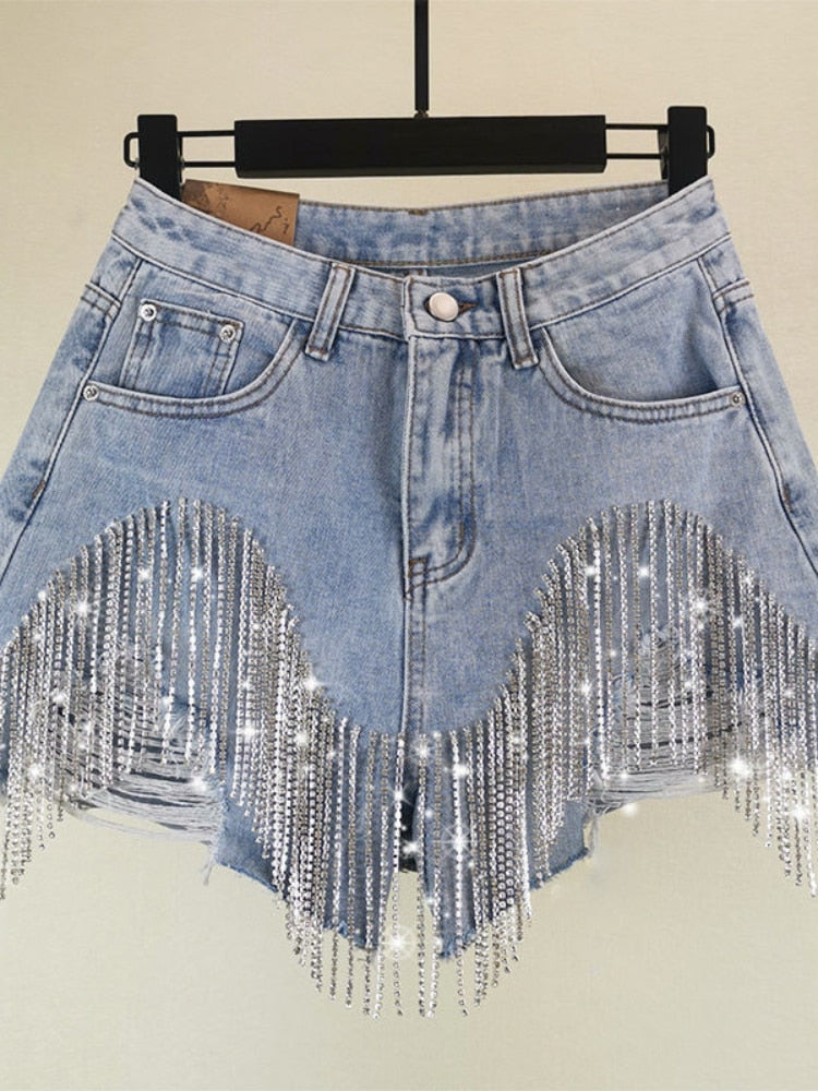 Summer Ripped Waist Diamond Tassel Jeans