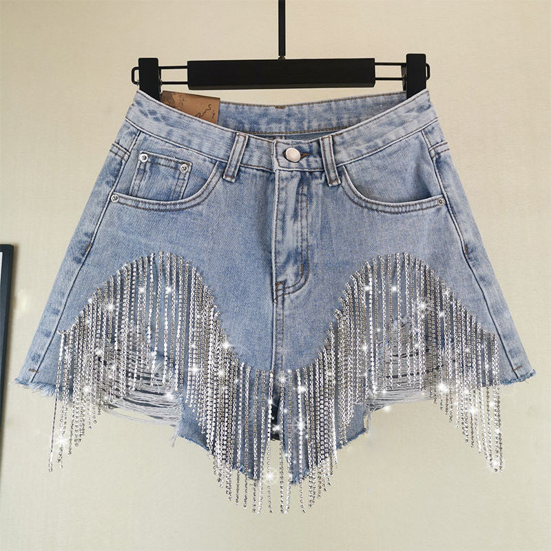 Summer Ripped Waist Diamond Tassel Jeans