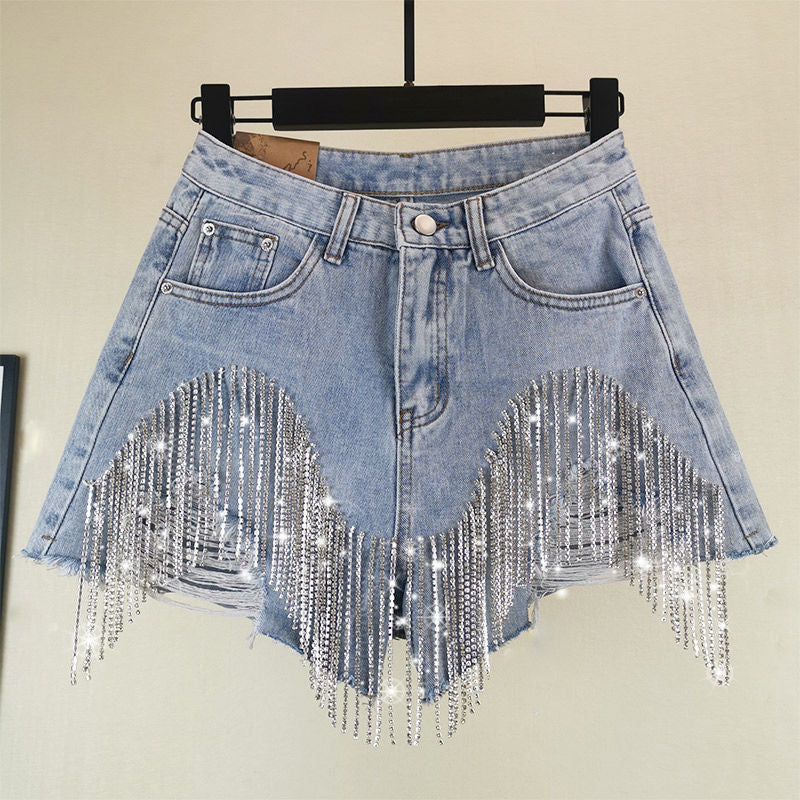 Summer Ripped Waist Diamond Tassel Jeans