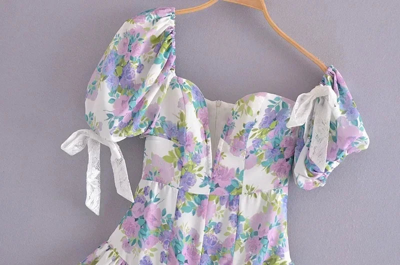 High Quality Asymmetric Off the Shoulder Sexy Lace Ruffled Summer Holiday Vocation Beach Women Mini Dress