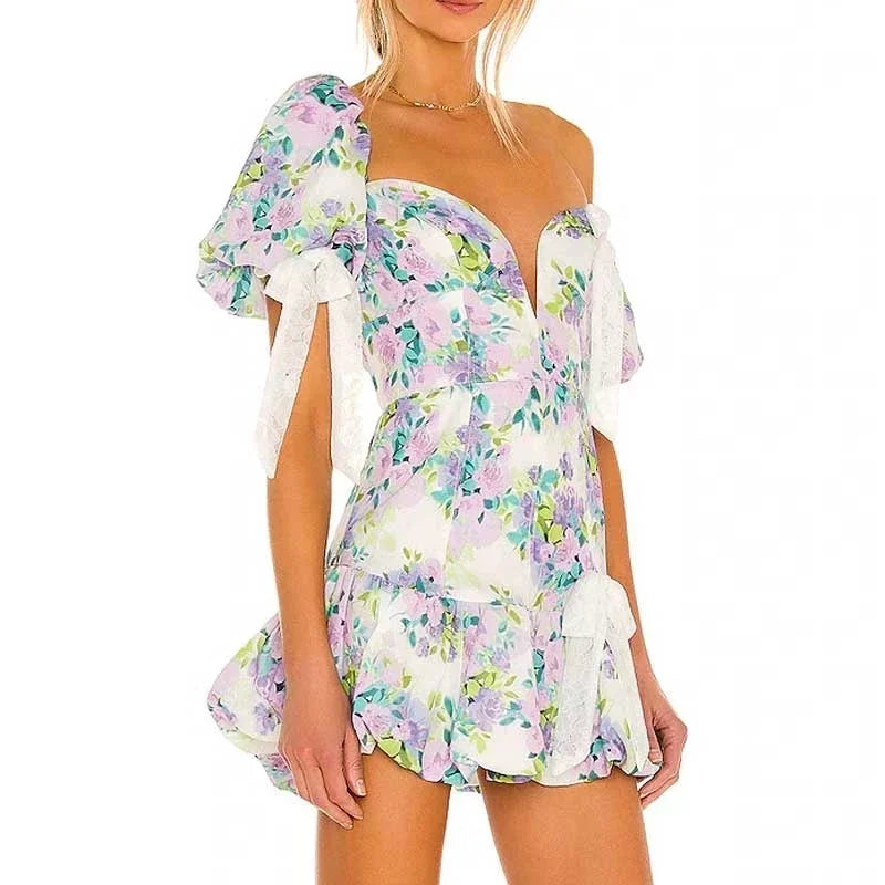 High Quality Asymmetric Off the Shoulder Sexy Lace Ruffled Summer Holiday Vocation Beach Women Mini Dress