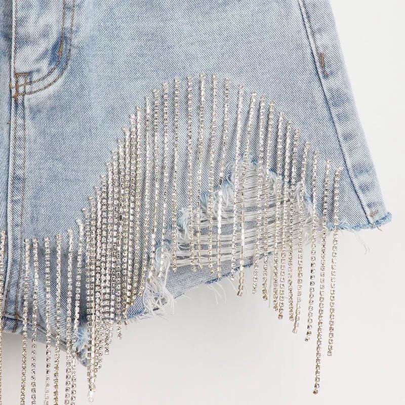 Summer Ripped Waist Diamond Tassel Jeans