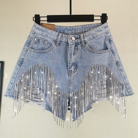 Summer Ripped Waist Diamond Tassel Jeans