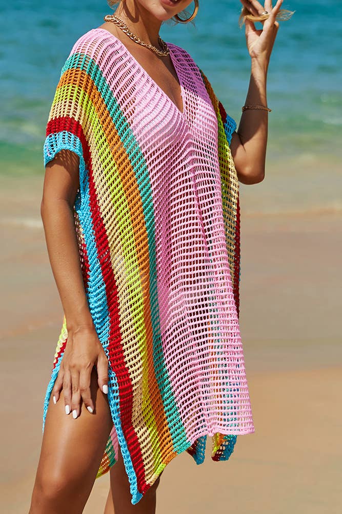 UNISHE - Rainbow Colorblock Splicing Beach Cover Up JYYS143: Pink / One Size