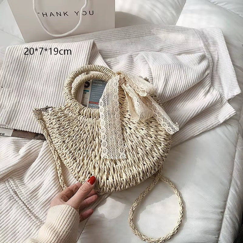 Woven Rattan Bag round Straw Shoulder Bag Small Beach Handbags Women Summer Hollow Handmade Messenger Crossbody Bags
