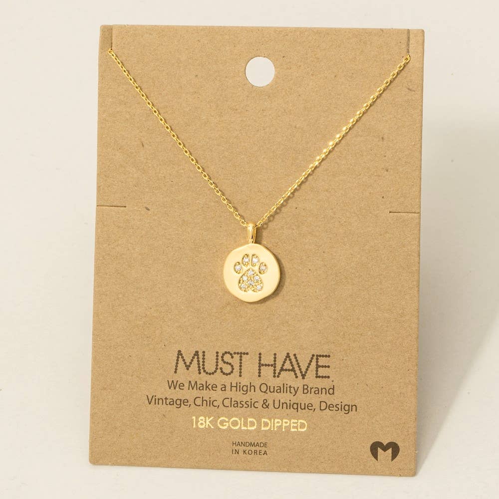 Fame Accessories - Gold Dipped Pave Dog Paw Pendant Necklace: G