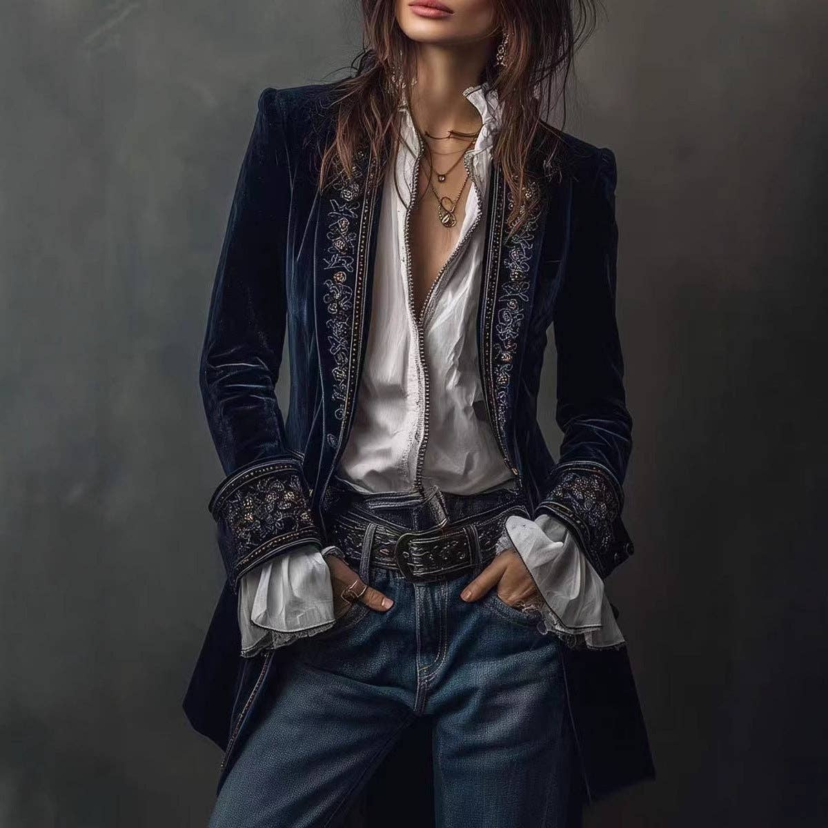 Suhkasana - Women's Velvet Embroidered Blazer Open Front Vintage: Black / S