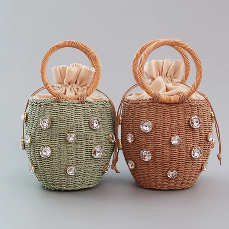 Handmade Rhinestone Crystal Embellished Straw Bag Small Bucket Lady Travel Purses and Handbags