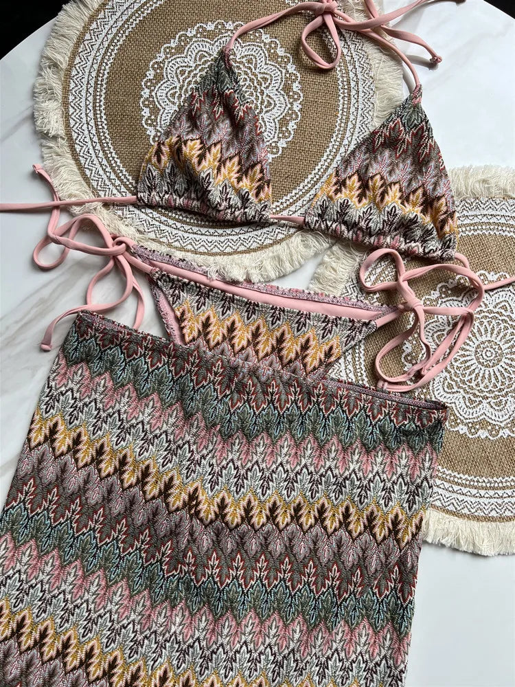 Women Swimsuit Colored Maple Leaves Knitted Bikini Skirt Three-Piece Set Split Swimsuit Bikini