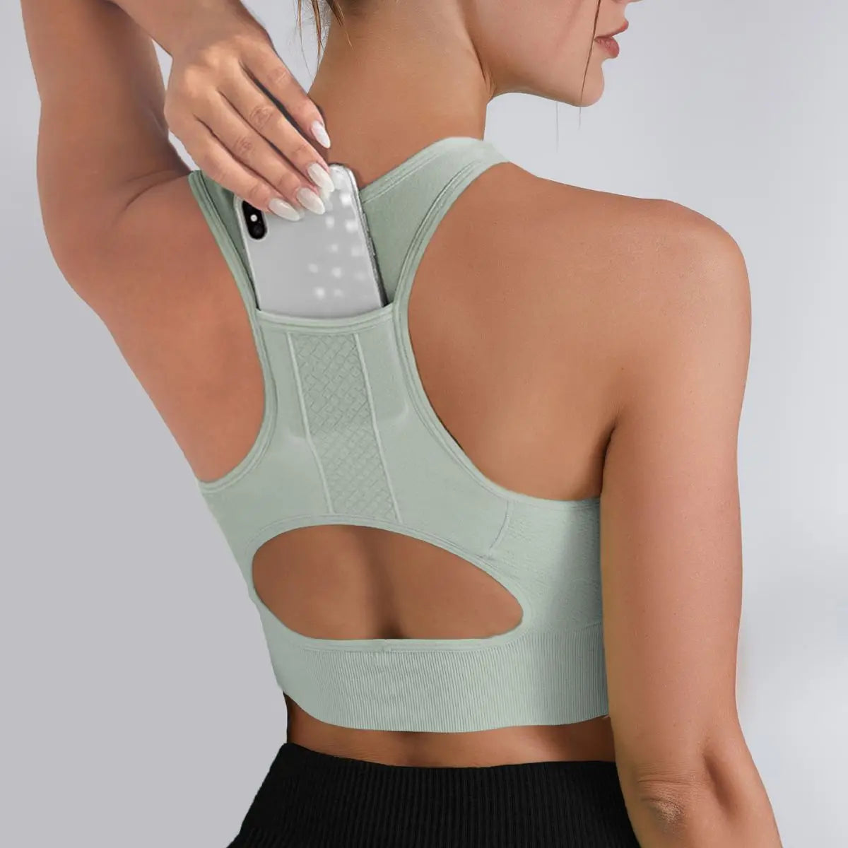 Tank Top Sports Bra Gym Clothes Woman Hollow Yoga Running Underwear Phone Pocket Fitness Push Up Top Deportivos Mujer Gym Bras