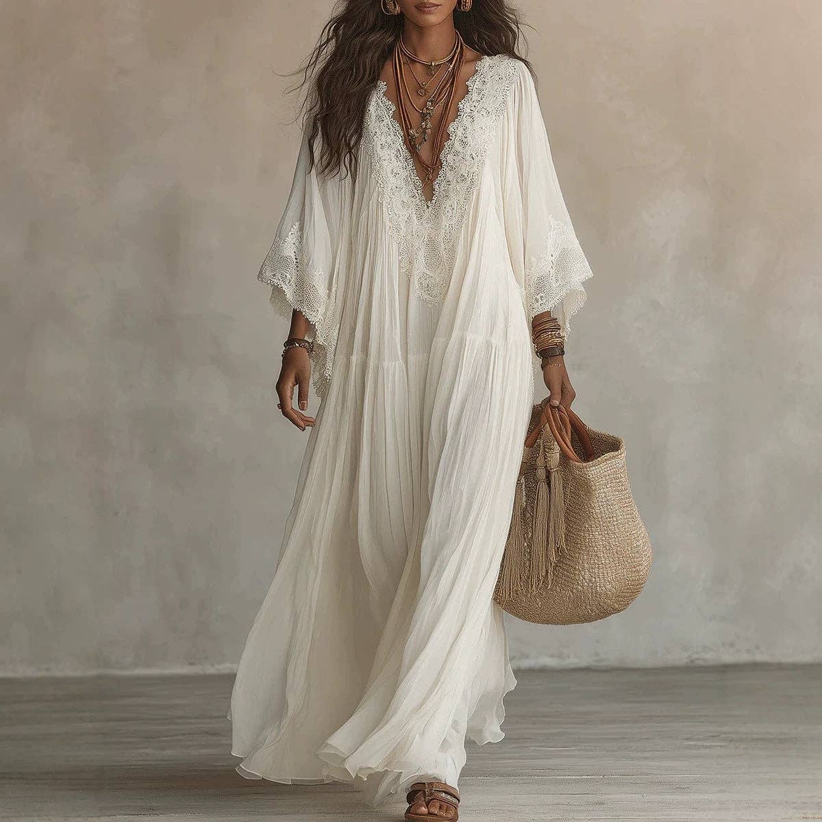 Suhkasana - Women's Boho Lace Chiffon Long Sleeve Maxi Dress: White / 100%Polyester / S