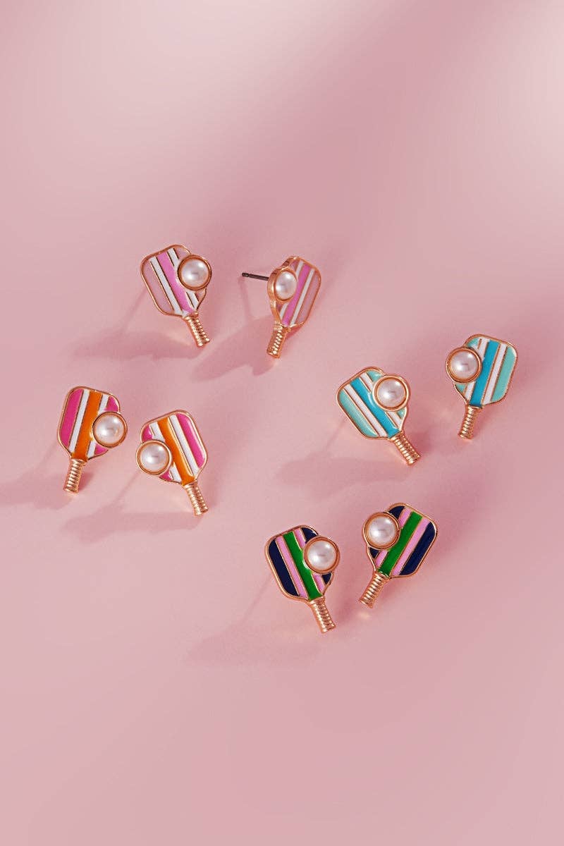 Designature New York - Pickleball Enamel With Pearl Post Earrings Gameday: Pink / ONE