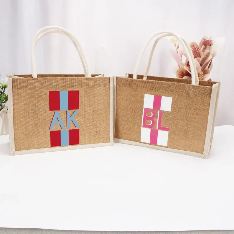 Personalized Shadow Monogram Jute Carryall Bag Striped Shadow Monogram Bag Custom Jute Tote Shopping Bag Bridesmaid Gift