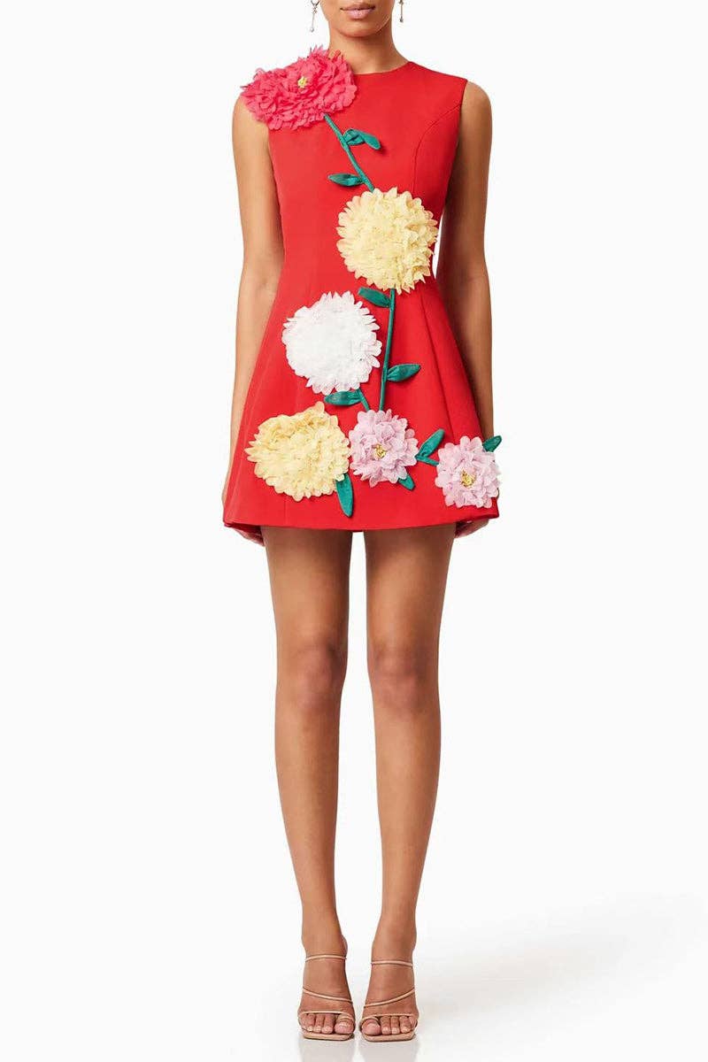 Mccolin - Floral Appliqué Vacation Dress: YELLOW / M