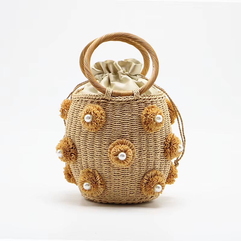 Handmade Rhinestone Crystal Embellished Straw Bag Small Bucket Lady Travel Purses and Handbags