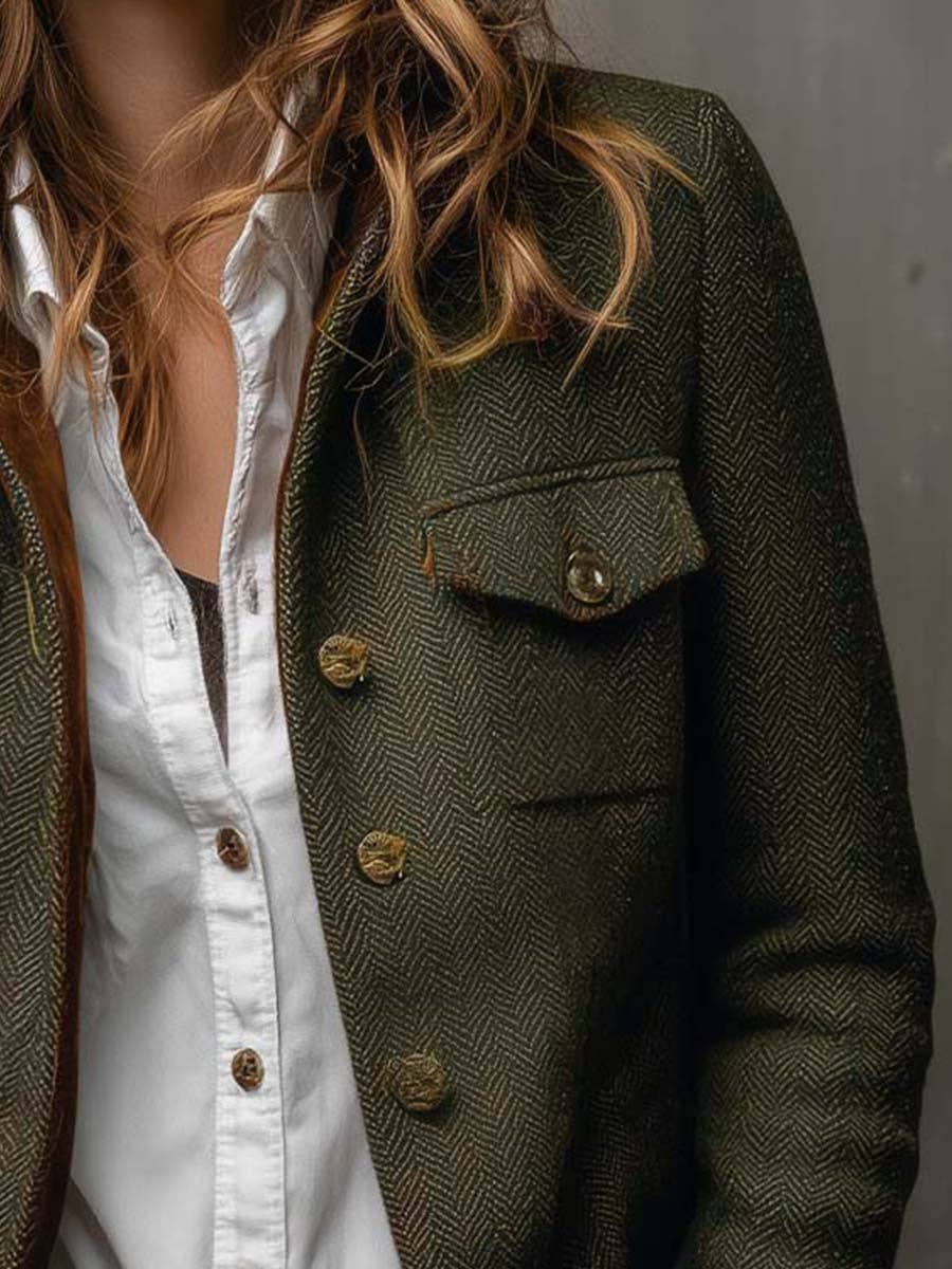 Suhkasana - Women Herringbone Tweed Blazer Velvet Trim Vintage Jacket: Army Green / S