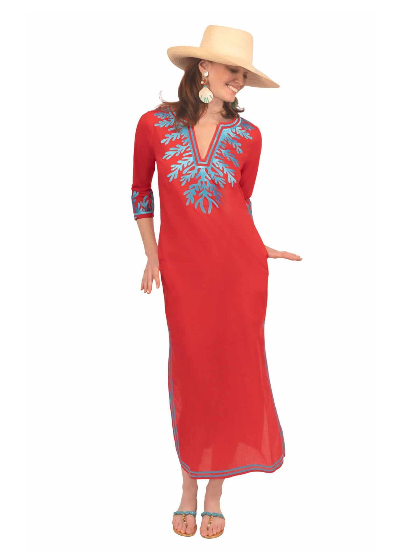 Gretchen Scott LLC - Wash / Wear Embroidered Caftan - The Reef: Coral/Turq / S