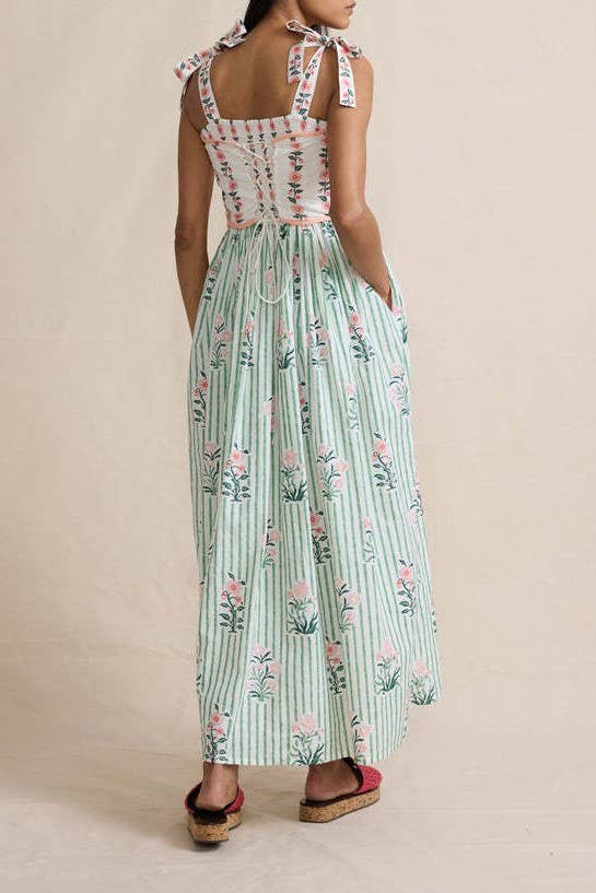 Rosa Clothing - 2025 Hanakotoba Floral flare swing dress w bow tie straps: Green / M