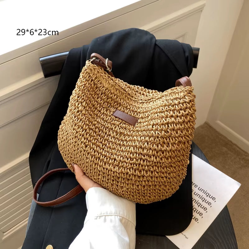 Woven Rattan Bag round Straw Shoulder Bag Small Beach Handbags Women Summer Hollow Handmade Messenger Crossbody Bags