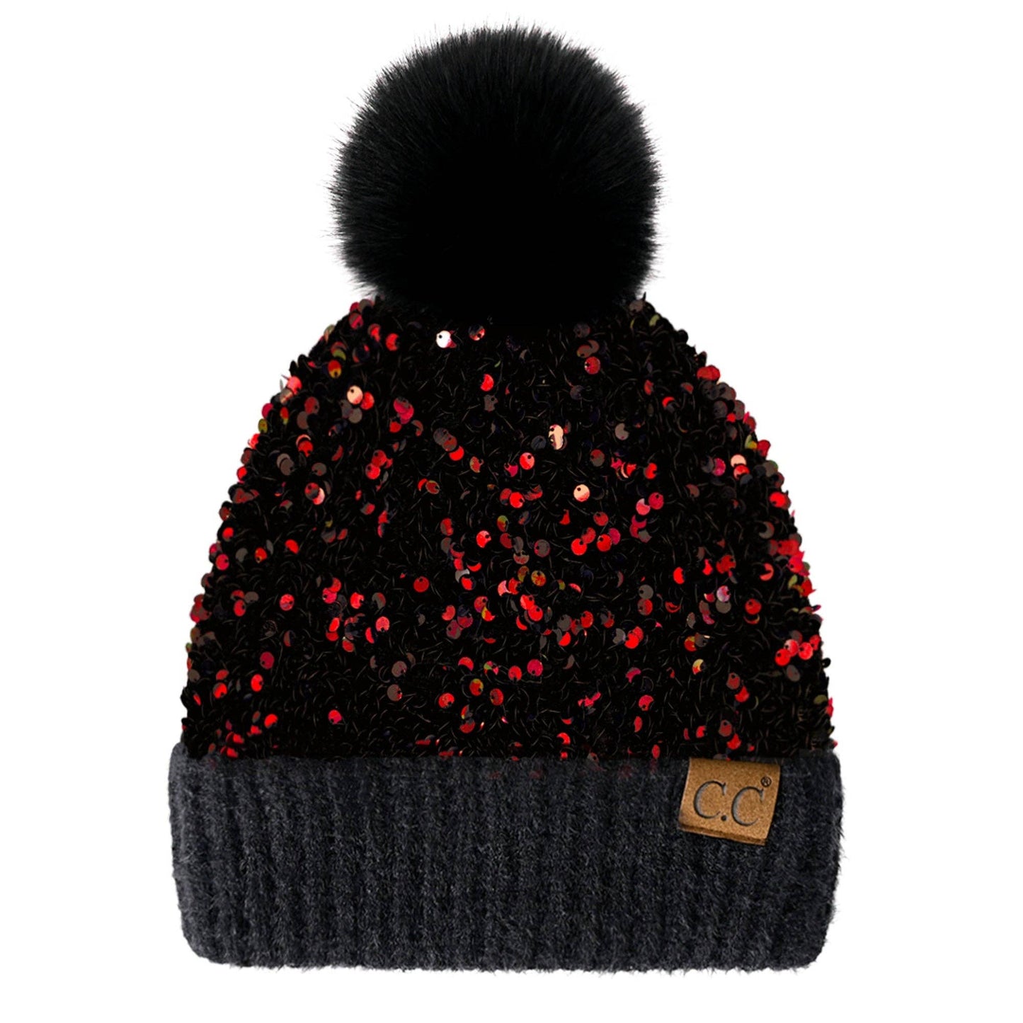 Truly Contagious - CC Sequin Fur Pom Beanie ( HTE0012 ) ( HTE0017 ): Red/Black