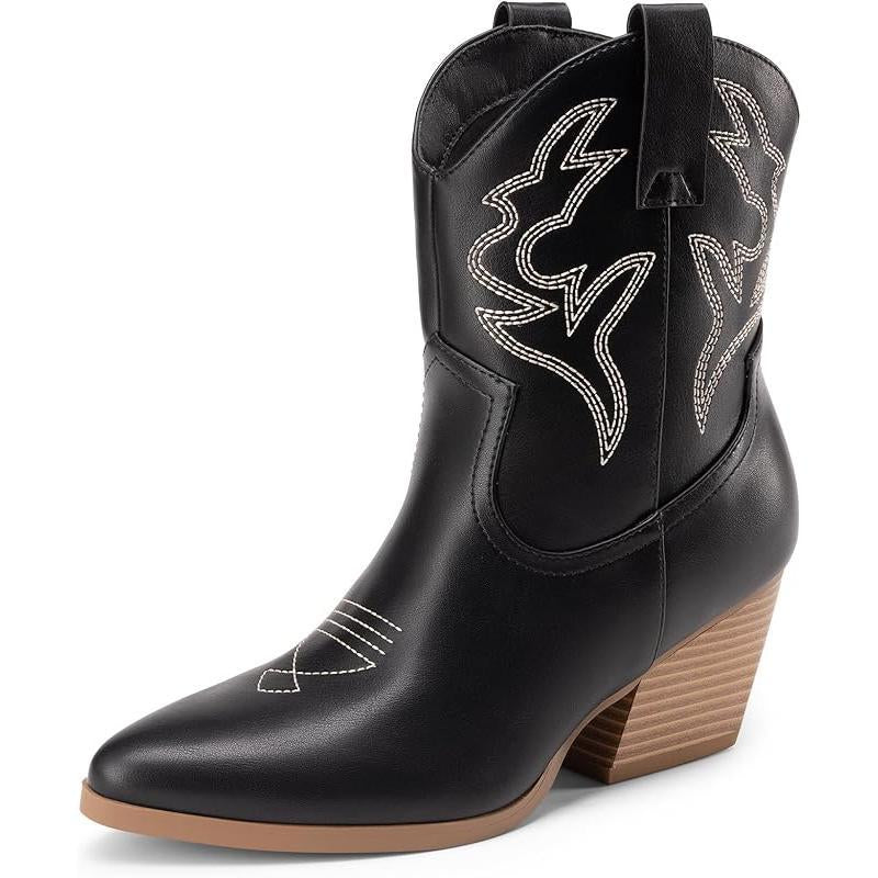 Women'S Cowboy Cowgirl Boots Embroidered Stitched Short Western Boots Low Chunky Heel Pointed Toe Ankle Booties