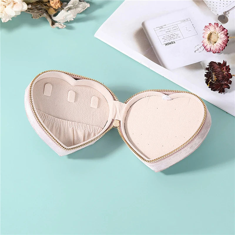 Heart Shape Jewelry Boxes Velvet Jewelry Case For Earrings Necklace Zippered Jewelry Boxes Household Clothing Accessory