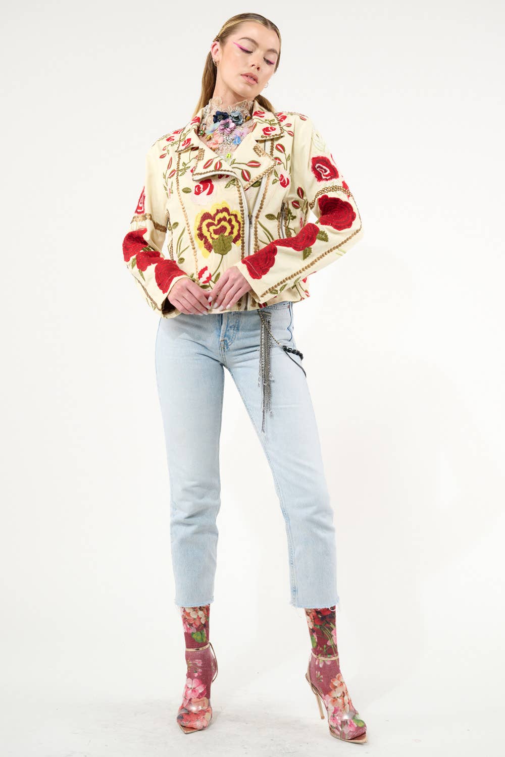 Aratta - Carmen Embroidered Denim Motorcycle Jacket: Ivory / M