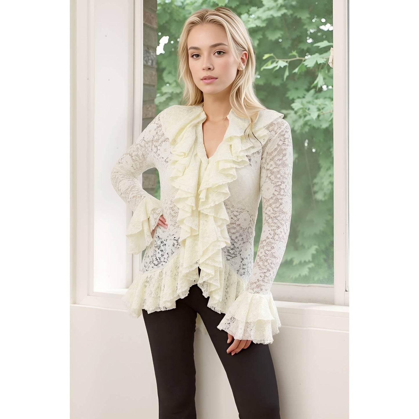 XHHH Inc - Ruffle Lace Flare Sleeve Blouse: BEIGE / L