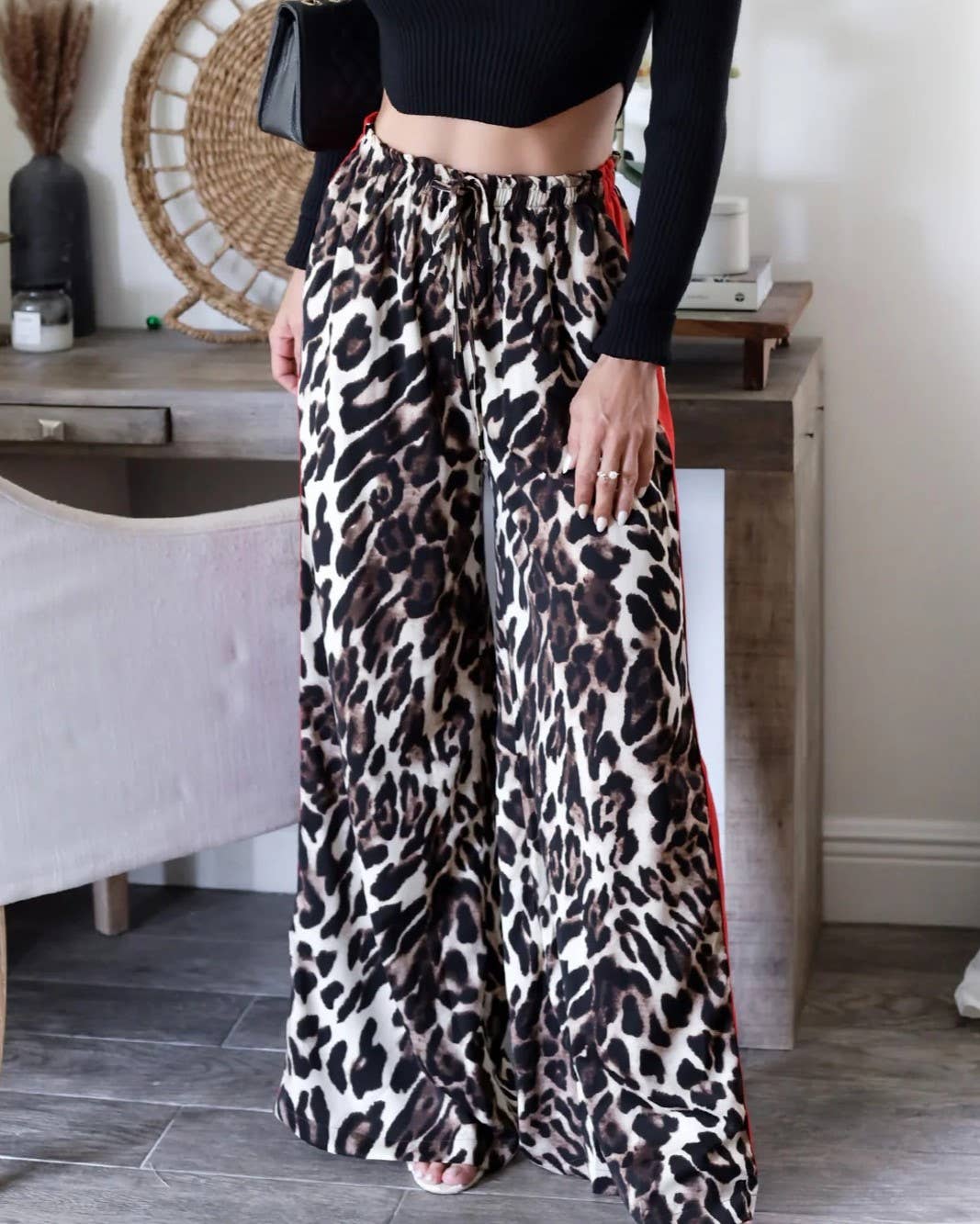 HIDDENBRAND - Street Leopard Print Side Striped Straight Pants: Leopard / M