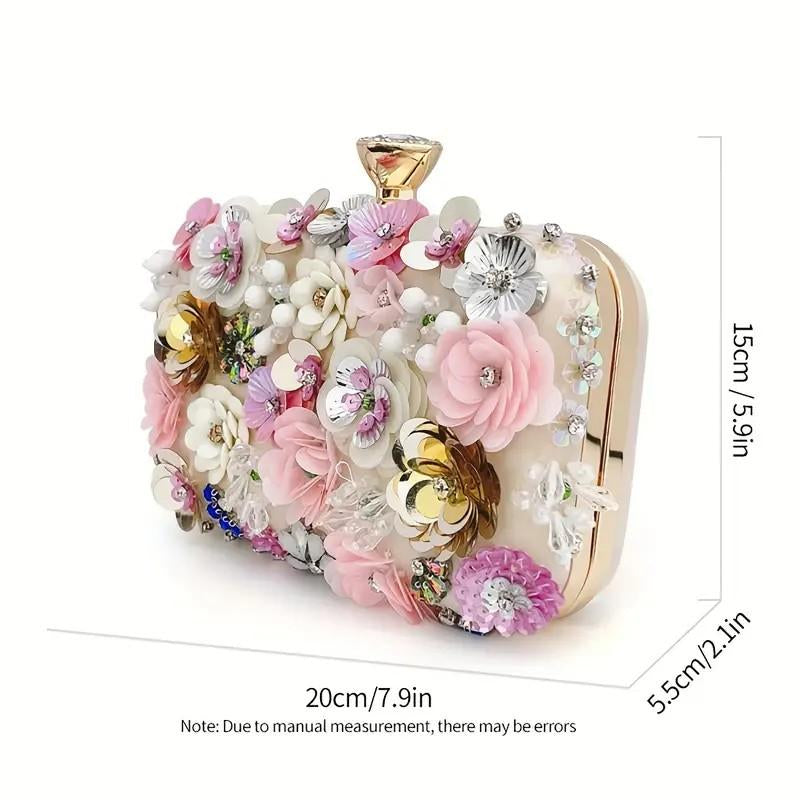 Flower Decor Shoulder Bag-Faux Pearl Clutch for Cheongsam,Ladies Handbag,Bridesmaid Purse & Sequin Beaded Party Bag-Elegant Designer Handbags
