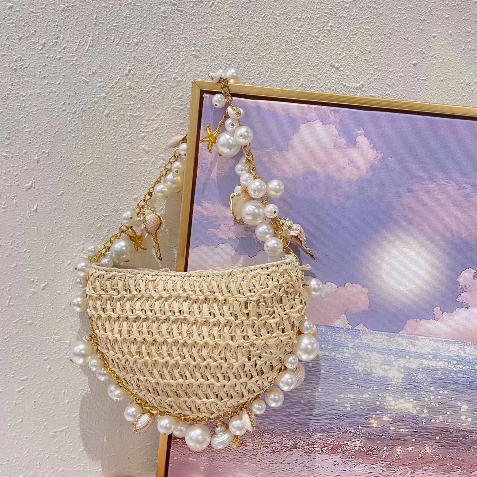 Bohemian Pearls Straw Bag Conch Starfish Women Handbags Half Moon Beach Shoulder Bag Designer Rattan Crossbody Bags Ladies Tote