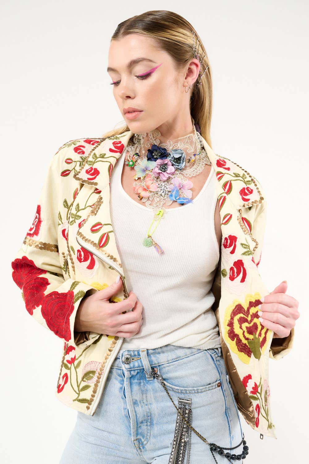 Aratta - Carmen Embroidered Denim Motorcycle Jacket: Ivory / M