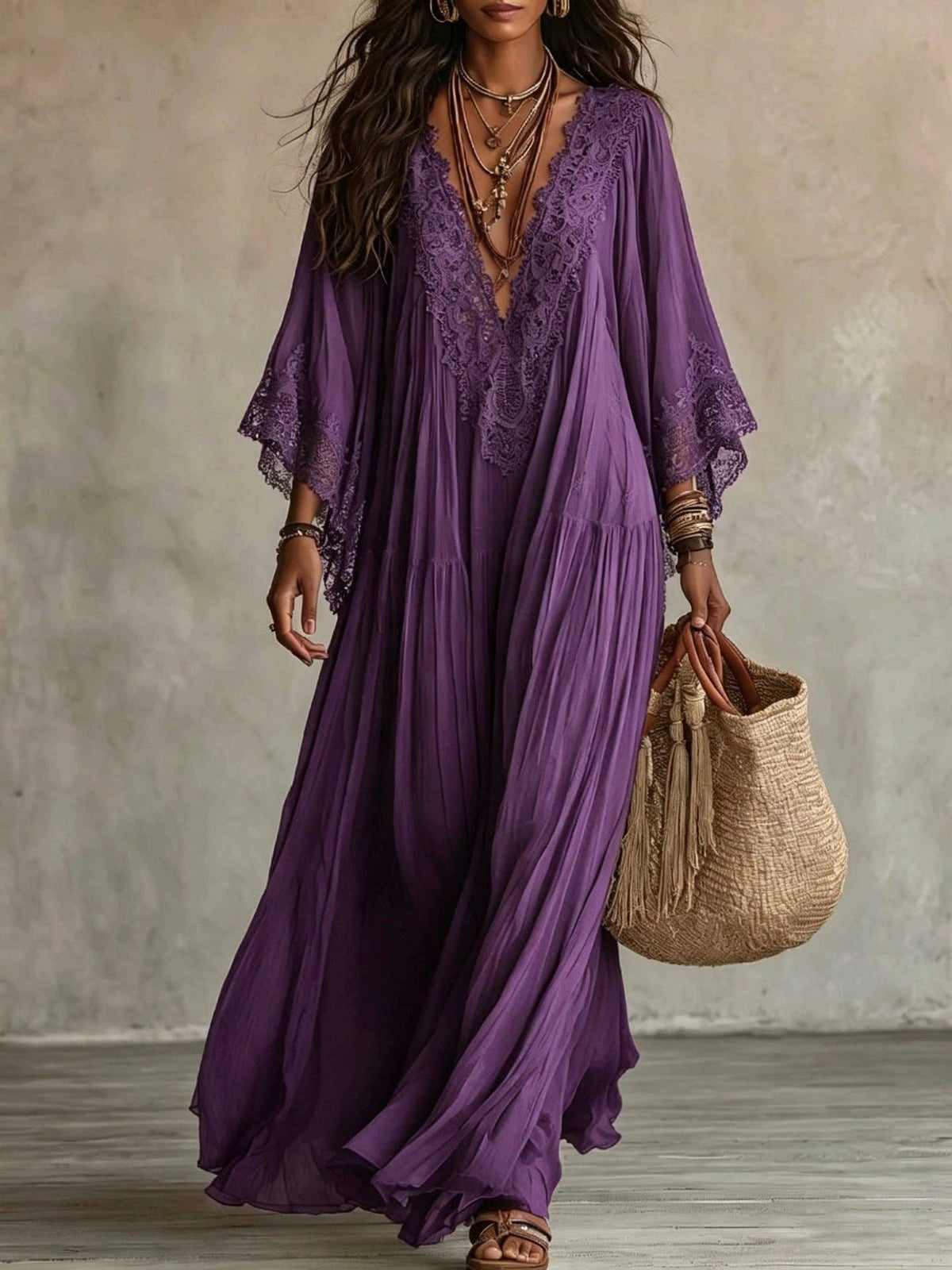 Suhkasana - Women's Boho Lace Chiffon Long Sleeve Maxi Dress: White / 100%Polyester / S