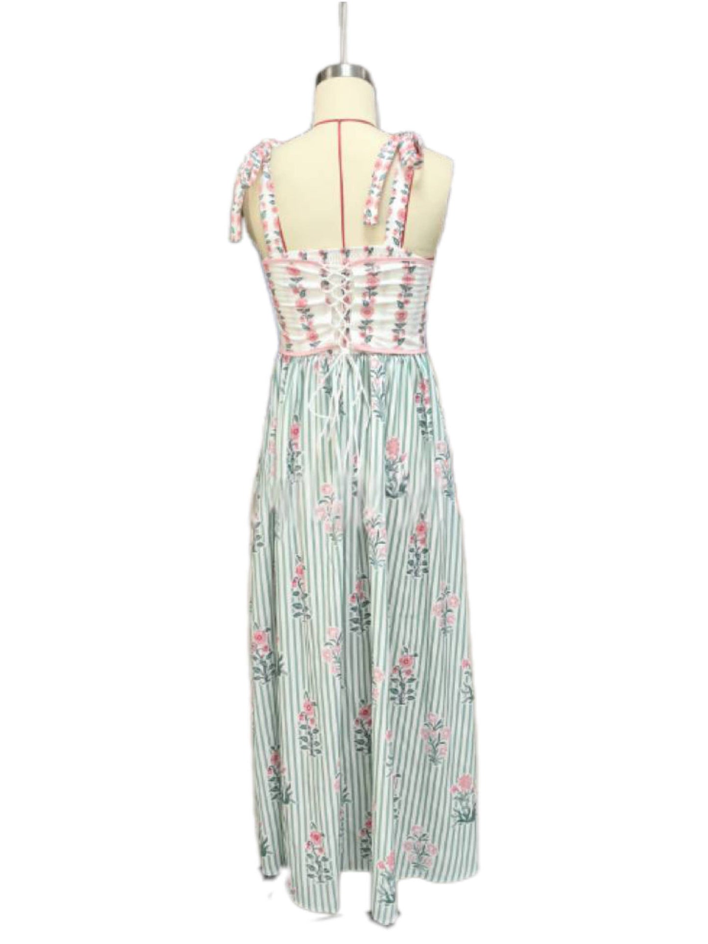 Rosa Clothing - 2025 Hanakotoba Floral flare swing dress w bow tie straps: Green / M