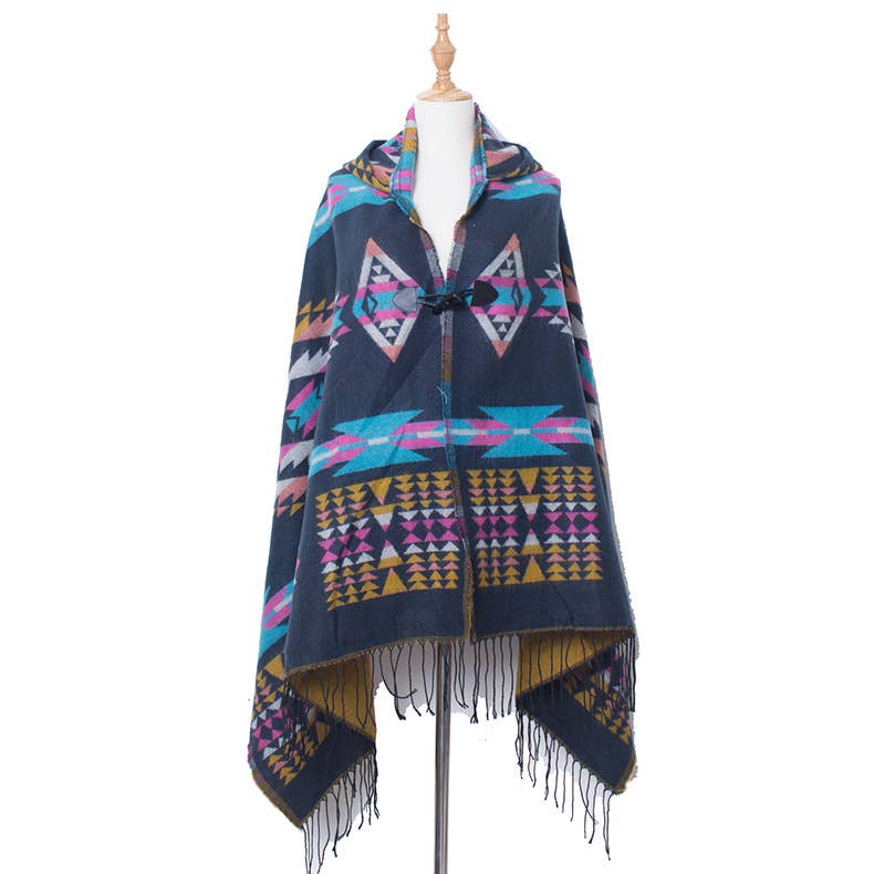HIDDENBRAND - Boho aztec hooded poncho with toggle closure: Red / M