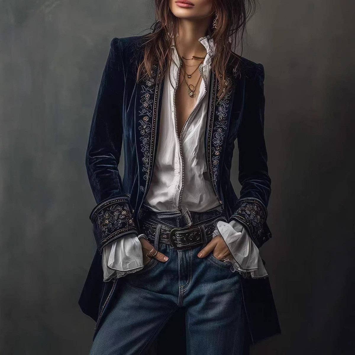 Suhkasana - Women's Velvet Embroidered Blazer Open Front Vintage: Black / S
