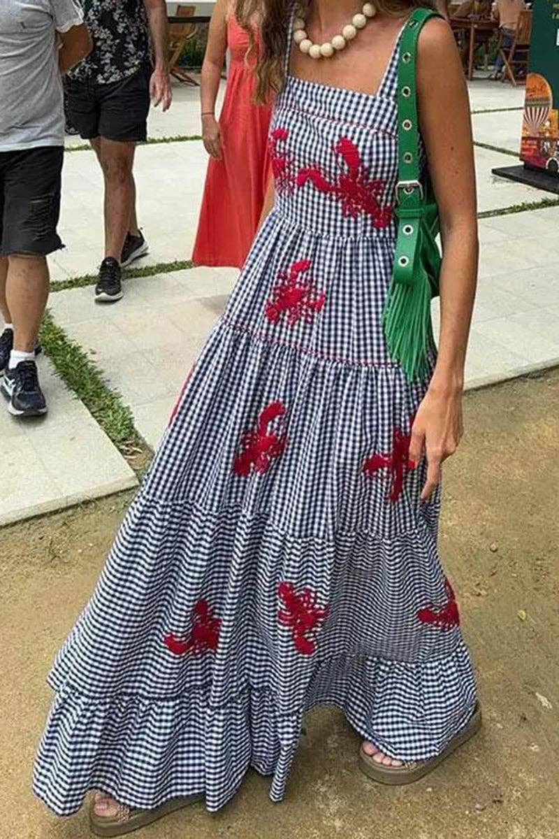 Mccolin - Lobster Motif Gingham Maxi Dress: BLUE / M