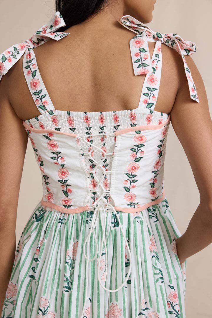 Rosa Clothing - 2025 Hanakotoba Floral flare swing dress w bow tie straps: Green / M