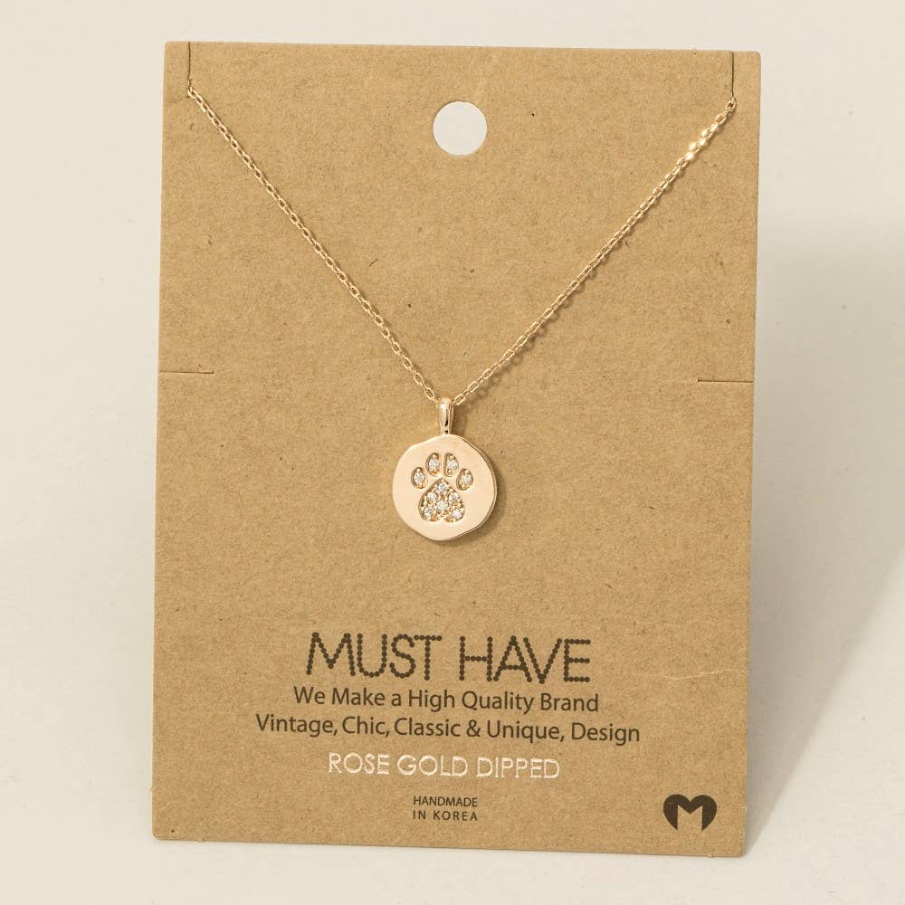 Fame Accessories - Gold Dipped Pave Dog Paw Pendant Necklace: S