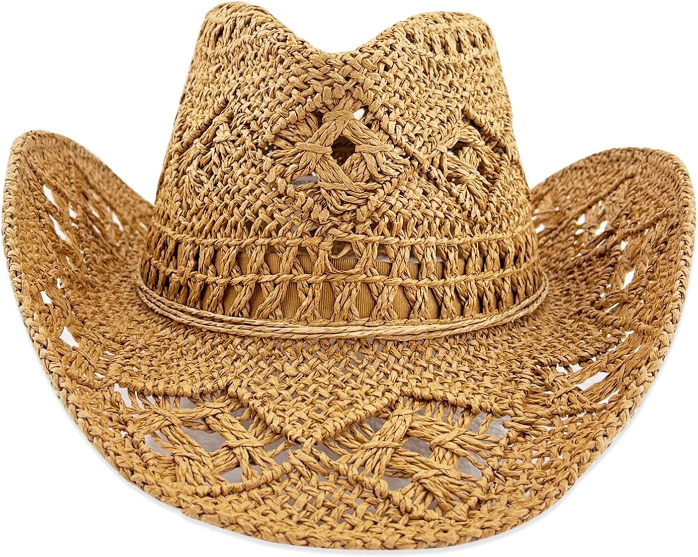 Women Straw Cowboy Hats, Western Cowgirl Hat for Holiday Party, Foldable Vacation Beach Sun Hat with Wide Brim